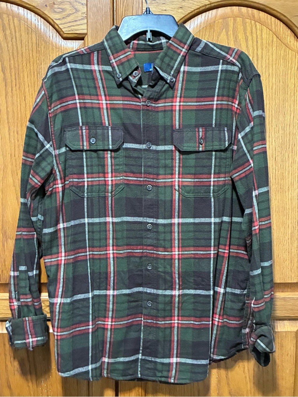 Men's George Green and Orange Plaid Flannel Button-Up Shirt Size Medium